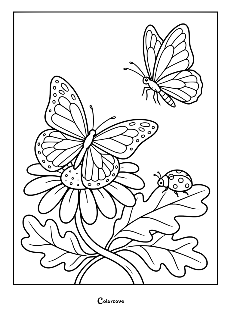 A cozy butterfly resting on a daisy while another butterfly flies above and a ladybug crawls on a leaf in this printable coloring page.
