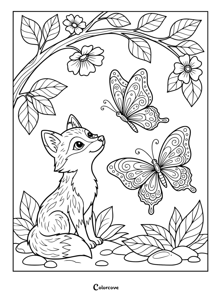 A cute fox sitting under a flowering tree watching two patterned butterflies in this printable coloring page.