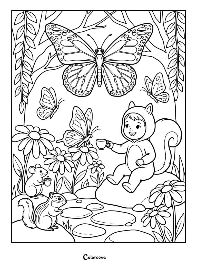 A child in a squirrel onesie having tea with a mouse and chipmunk in a garden with butterflies, coloring page style.