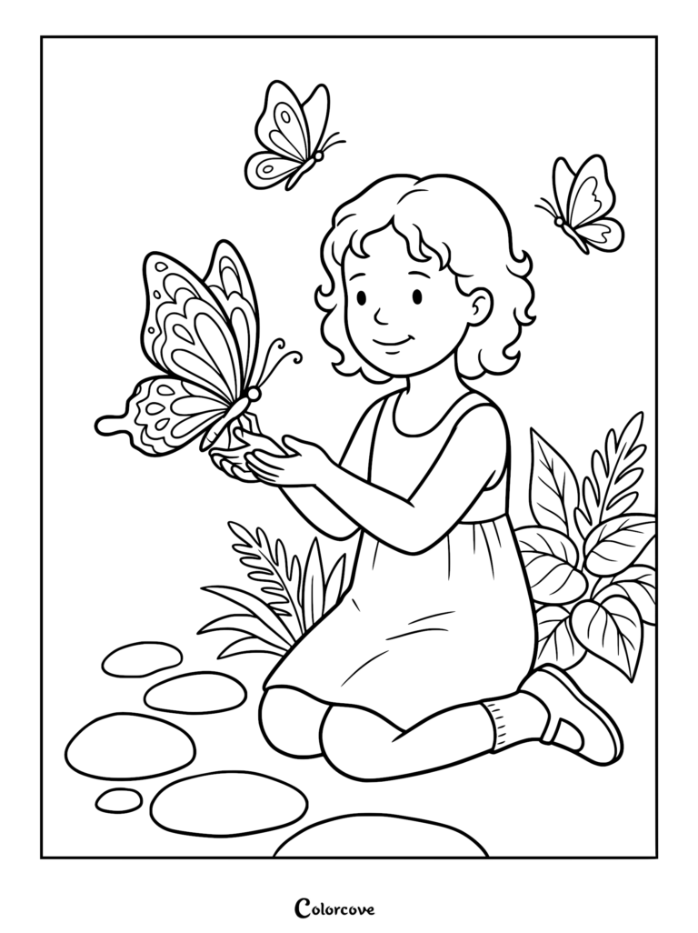 A young girl with curly hair kneeling in a garden holding a butterfly in her hands, coloring page style line art.