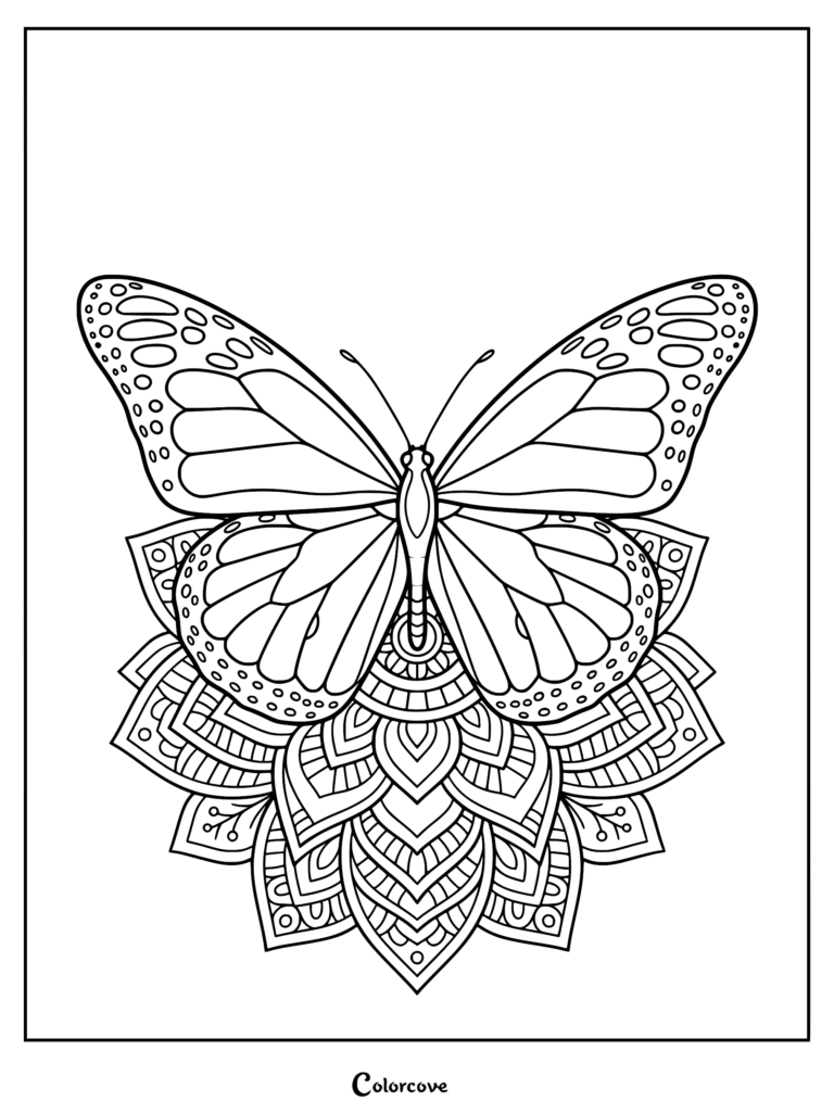 A detailed coloring page featuring a monarch butterfly resting on top of an intricate geometric mandala pattern.