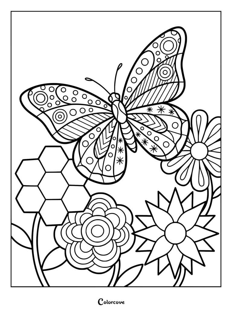 A detailed coloring page featuring a patterned butterfly hovering over a honeycomb and various stylized flowers.