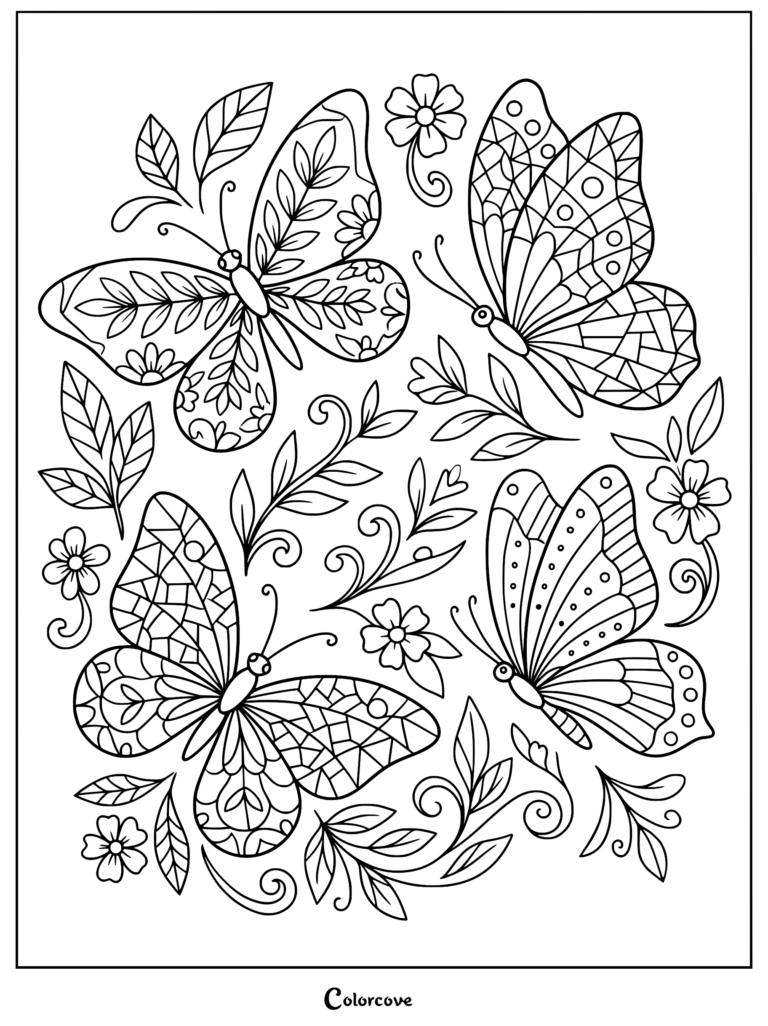 A detailed coloring page featuring four butterflies with intricate geometric and floral wing patterns surrounded by leaves and small flowers.
