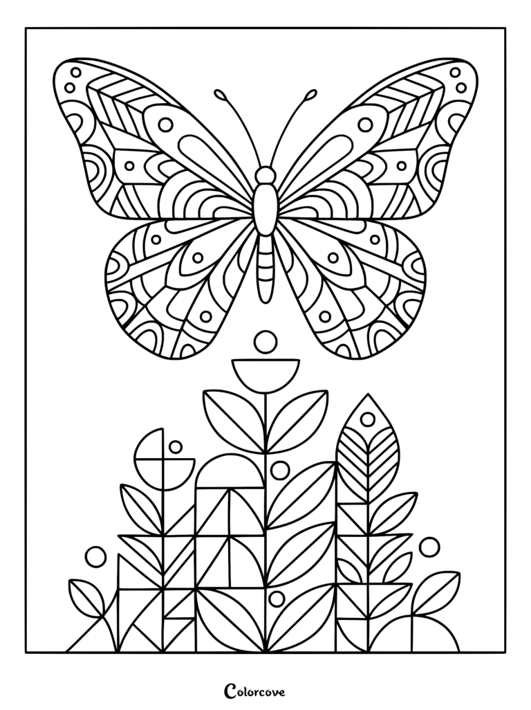A printable coloring page featuring a symmetrical butterfly hovering above a geometric garden with stylized leaves and circular accents.