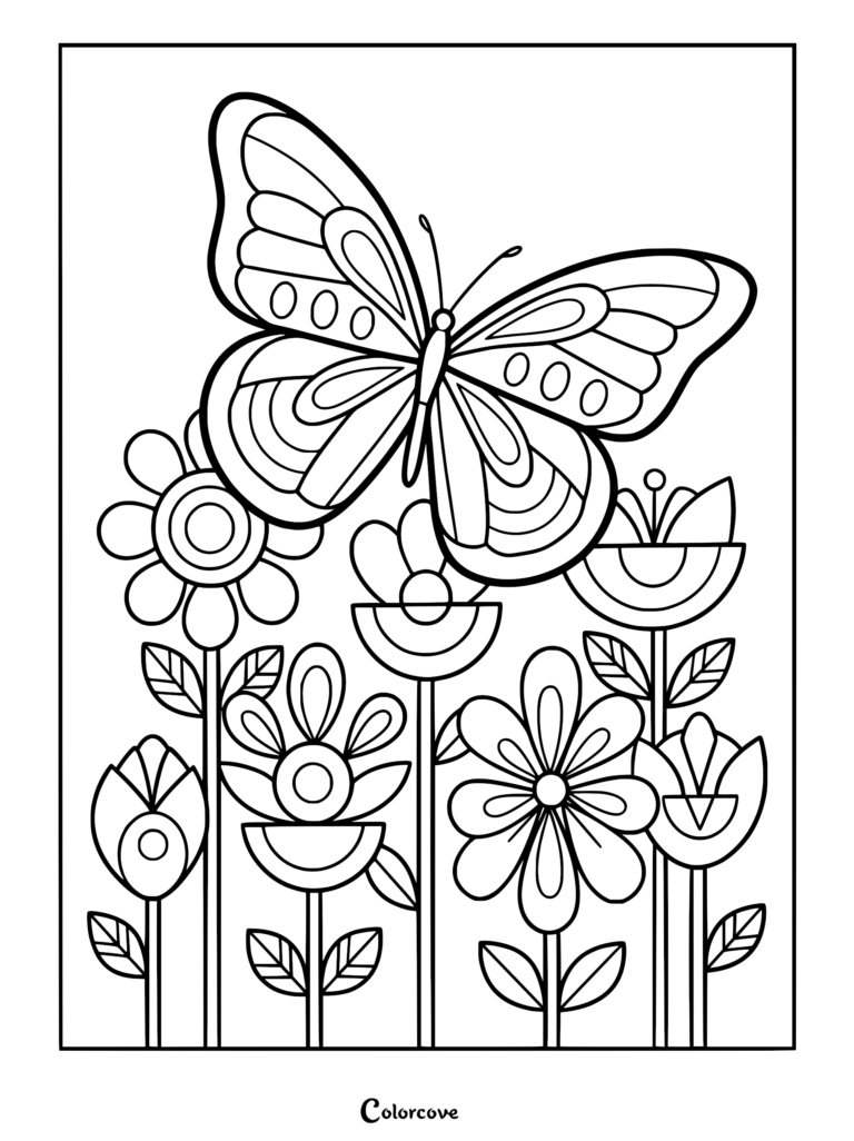 A cozy butterfly hovering over a field of geometric flowers in this printable coloring page.
