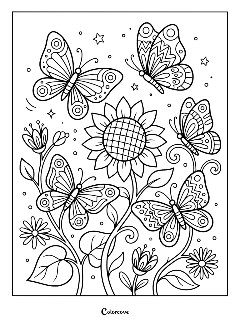 Four butterflies with intricate wing patterns flying around a large sunflower and small wildflowers in this cozy butterfly coloring page.