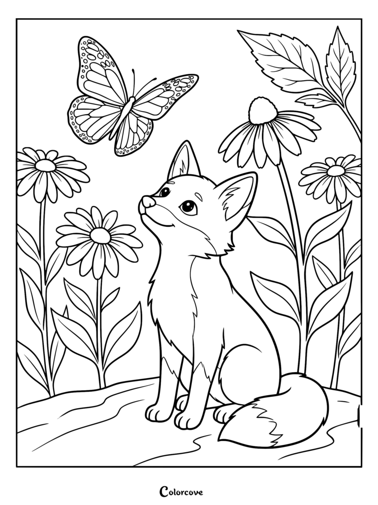 A cute fox sitting in a garden looking up at a monarch butterfly, printable coloring page with daisies and leaves.