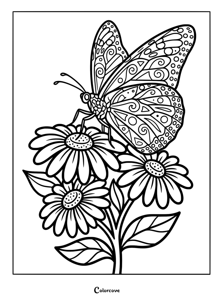 A detailed coloring page featuring a butterfly with intricate swirl patterns resting on a cluster of three daisies.