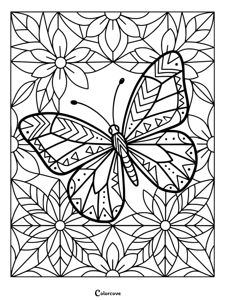 A cozy butterfly with geometric wing patterns centered over a floral mandala background in this printable coloring page.
