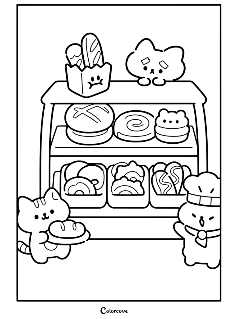 Étagère de présentation d'une boulangerie de café animalier avec des pâtisseries et un adorable personnel félin, page de coloriage présentant des étagères de produits de boulangerie et d'adorables animaux de dessin animé.