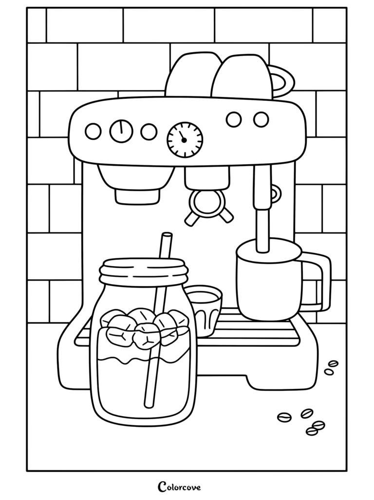 Coloriage Café Cosy représentant une machine à espresso vert pastel avec un pot de café glacé et une tasses bleue sur le comptoir d'une cuisine.
