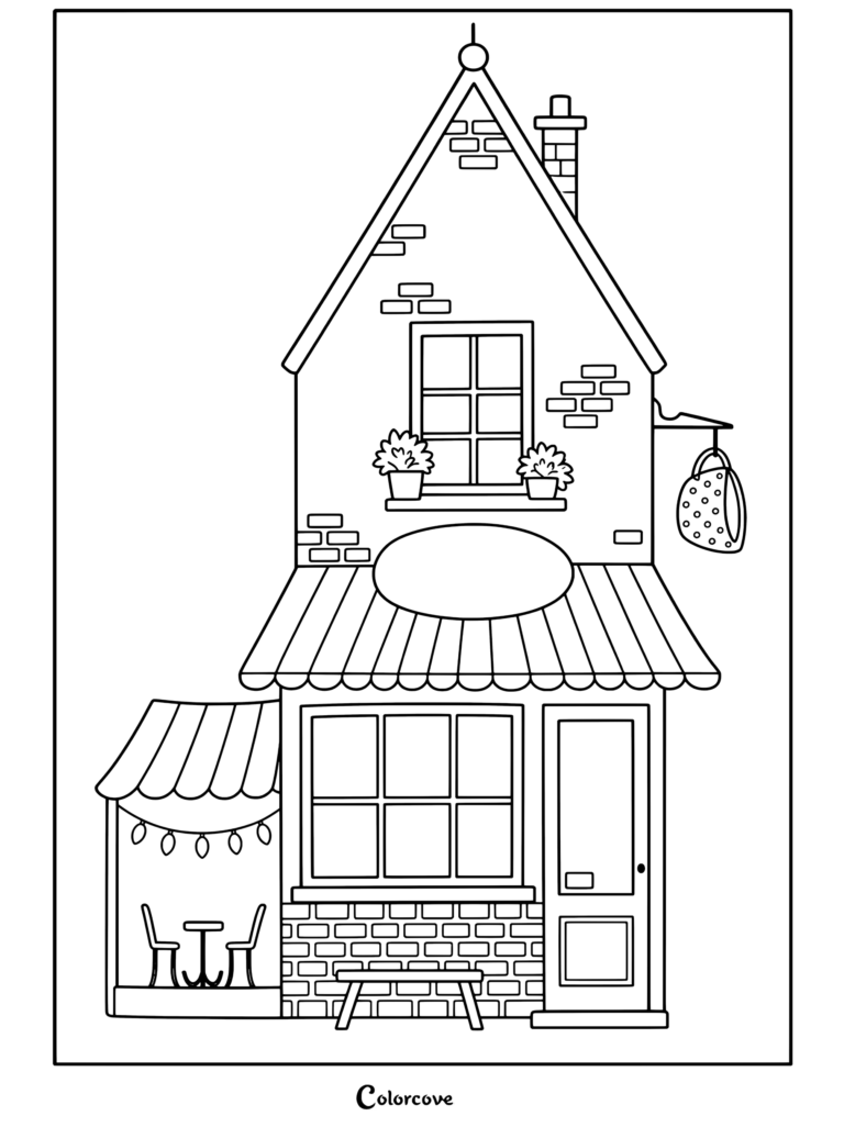 Coloriage Café Cosy représentant un bâtiment de café douillet à l'aquarelle avec des auvents rayés rouges et blancs, des détails en briques et une enseigne de tasse suspendue.