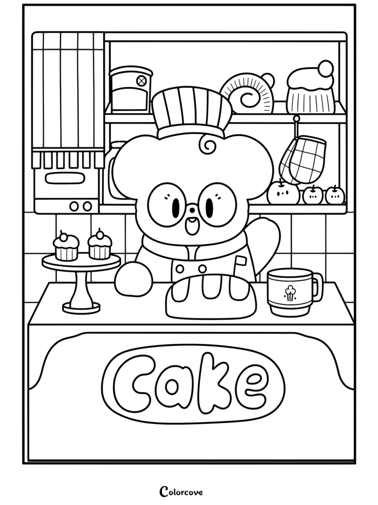 Mignon ours boulanger portant une toque de chef et des lunettes préparant des pâtisseries dans une cuisine-boutique douillette, page de coloriage