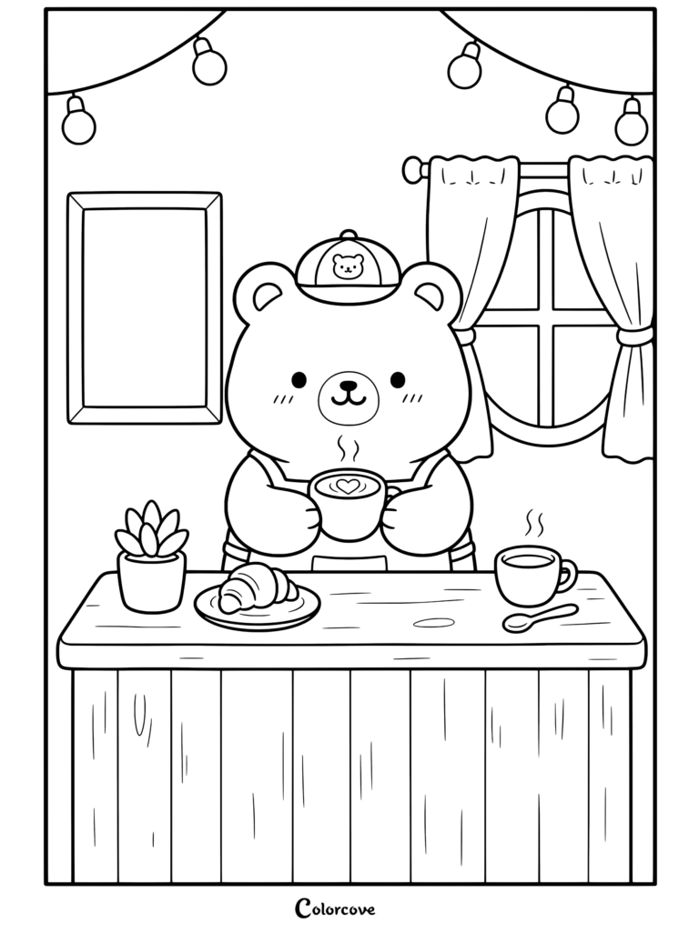 Un coloriage à imprimer d'un mignon petit ours brun barista portant une casquette et un tablier, tenant un latte fumant dans un Café Cosy avec un croissant, un menu et des guirlandes lumineuses.