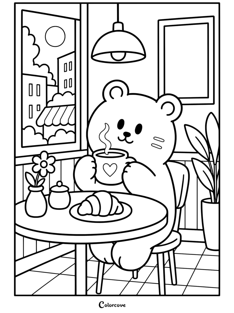 Mignon ours brun assis à une table jaune dans un Café Cosy buvant du café avec une fenêtre en forme de croissant de cœur et une lampe verte coloriées