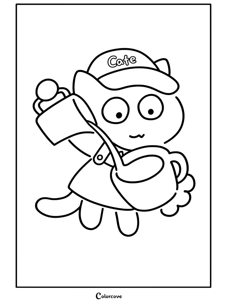 Un mignon chat blanc barista, fatigué, portant un tablier et une casquette, versant du lait dans une tasse de café, présenté dans un coloriage de Café Cosy.