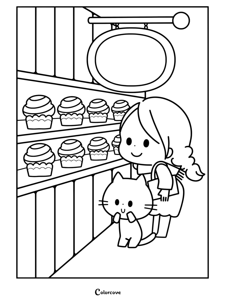 Une mignonne fille aux cheveux orange et un chat regardant des rouleaux à la cannelle dans un coloriage de boulangerie douillette.