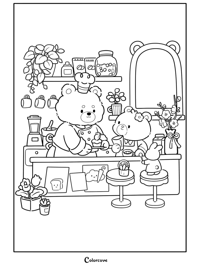 Un coloriage à imprimer de mignons oursons baristas blancs et bruns servant du café et des pâtisseries dans un Café Cosy pastel, avec un ours chef cuisinant un petit gâteau, un autre ours avec un verre mesureur, un lapin sur un tabouret et des étagères avec des plantes et des pots.