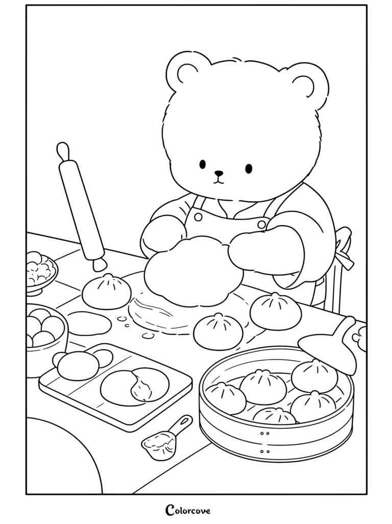 Un mignon ours blanc qui cuisine et pétrit la pâte dans une cuisine douillette avec des brioches cuites à la vapeur, présenté comme un coloriage de Café Cosy.