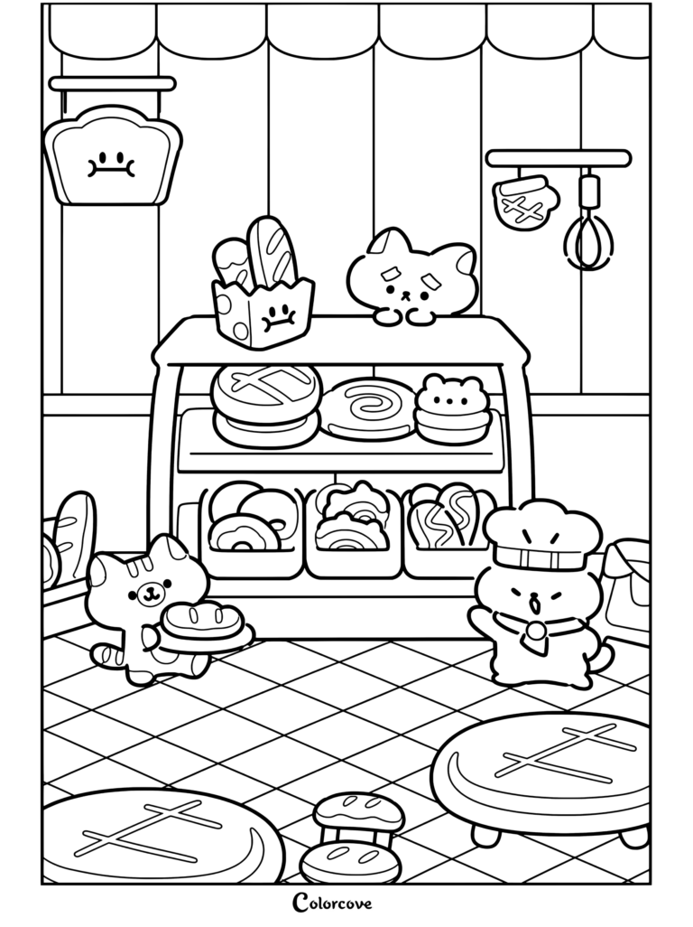 Scène de boulangerie pour chat avec un chat chef tenant du pain et un adorable personnel félin à côté d'une étagère pleine de pâtisseries, page de coloriage pour un thème de Café Cosy