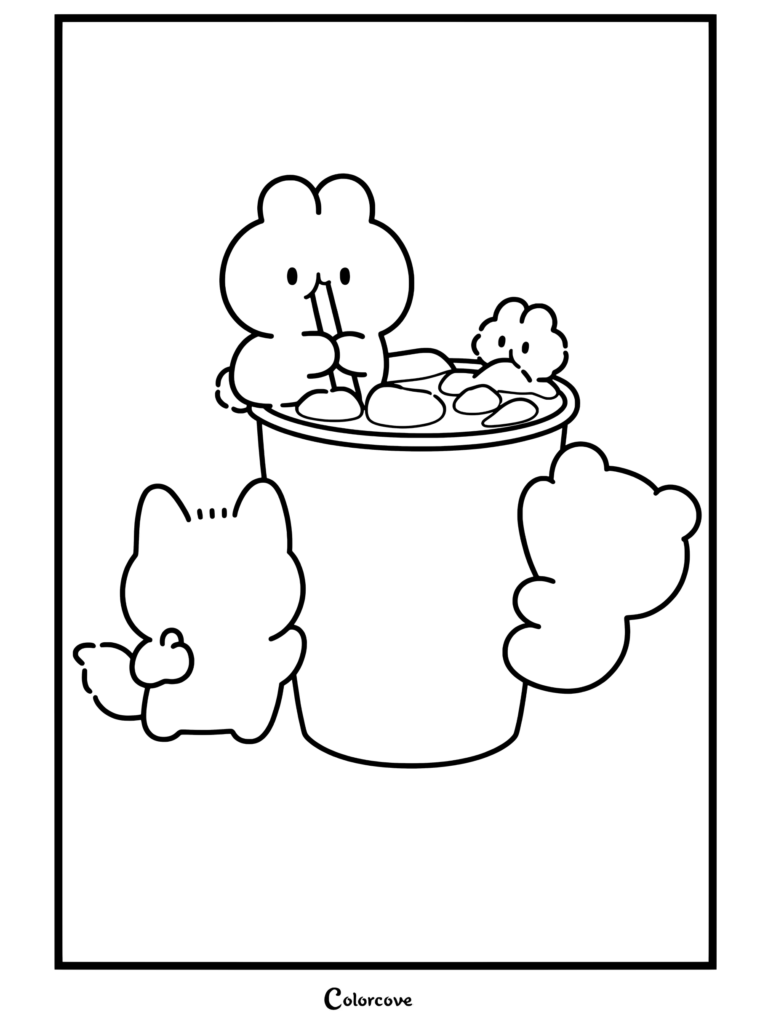 Un mignon lapin blanc buvant du café glacé avec des amis chat jaune et ours dans un coloriage de Café Cosy.