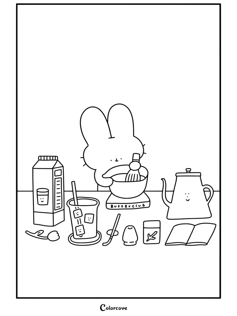 Mignon lapin blanc préparant un Matcha latte avec une théière en verre de lait d'avoine et un livre de recettes sur une table, page de coloriage pour les fans du Café Cosy