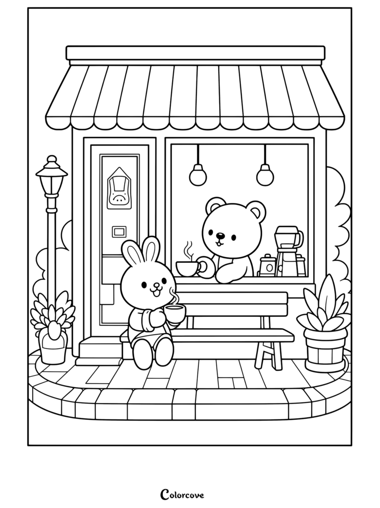 Coloriage à imprimer d'un mignon lapin blanc assis sur un banc en train de boire du café avec un ours brun à l'intérieur d'un Café Cosy.