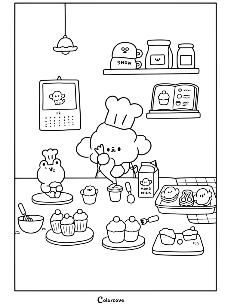 Un coloriage à imprimer d'un mignon chien blanc boulanger et d'une grenouille verte préparant des pâtisseries dans une cuisine douillette avec des petits gâteaux, un livre de recettes et des ingrédients, conçu pour les fans du Café Cosy.