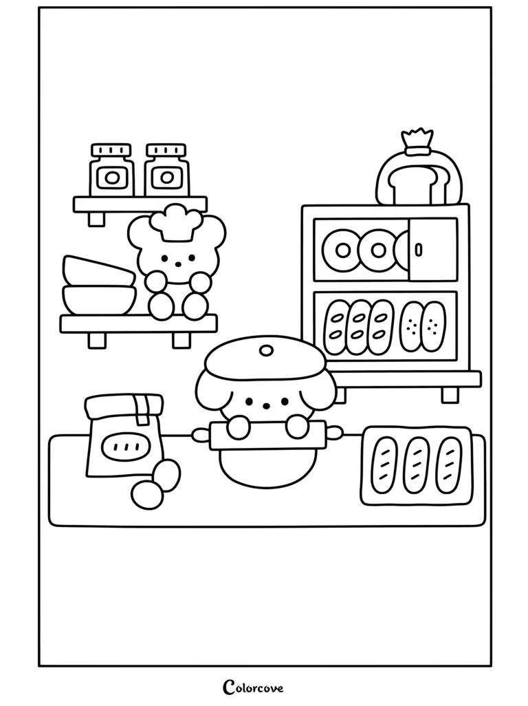 Coloriage à imprimer d'un mignon chien blanc portant une toque de chef pétrissant de la pâte avec un rouleau à pâtisserie dans une cuisine de boulangerie douillette avec un ours et des étagères à pain du Café Cosy.