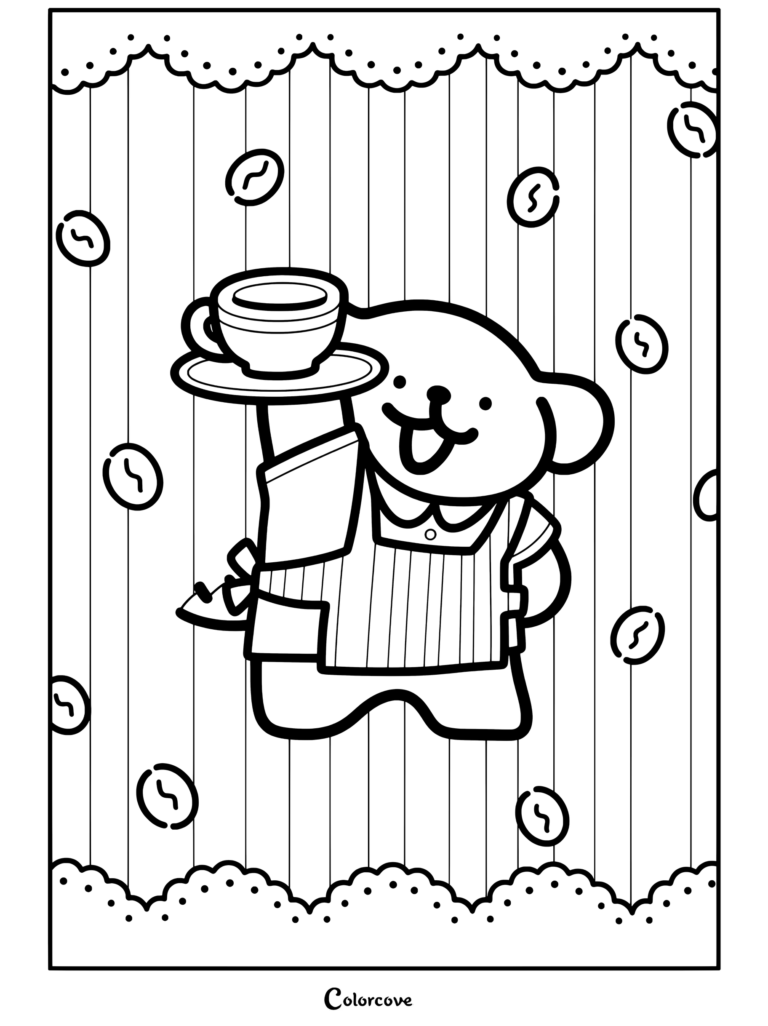 Un mignon chien jaune barista portant un tablier à rayures tenant une tasse de café sur un plateau, entouré de grains de café, présenté dans ce coloriage de Café Cosy.