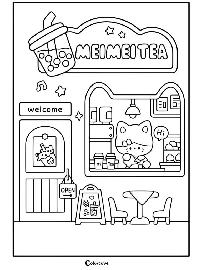 Un coloriage à imprimer d'un Café Cosy présentant un mignon chat barista travaillant à l'intérieur de la boutique de boba Meimei Tea.