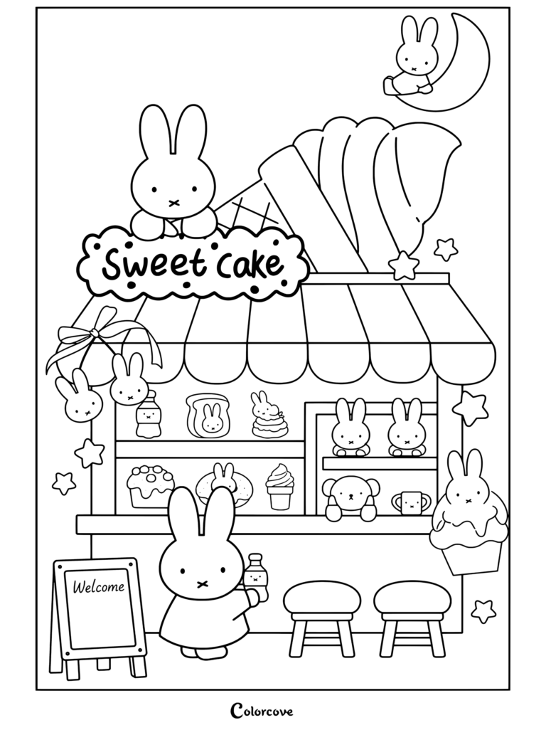 Boulangerie Miffy avec un cornet de glace, une enseigne de gâteau sucré et de mignons lapins, page de coloriage sur le thème du Café Cosy.