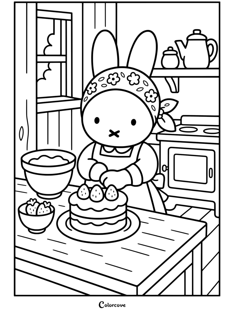 Un coloriage à imprimer de Miffy cuisinant un gâteau aux fraises dans une cuisine en bois vintage et douillette, avec un bol à mélange et une théière pour le plaisir du Café Cosy.