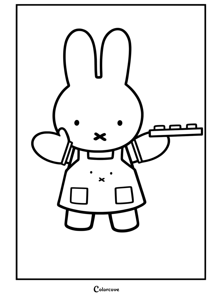 Miffy portant un tablier et tenant un plateau de biscuits dans un coloriage de café douillet