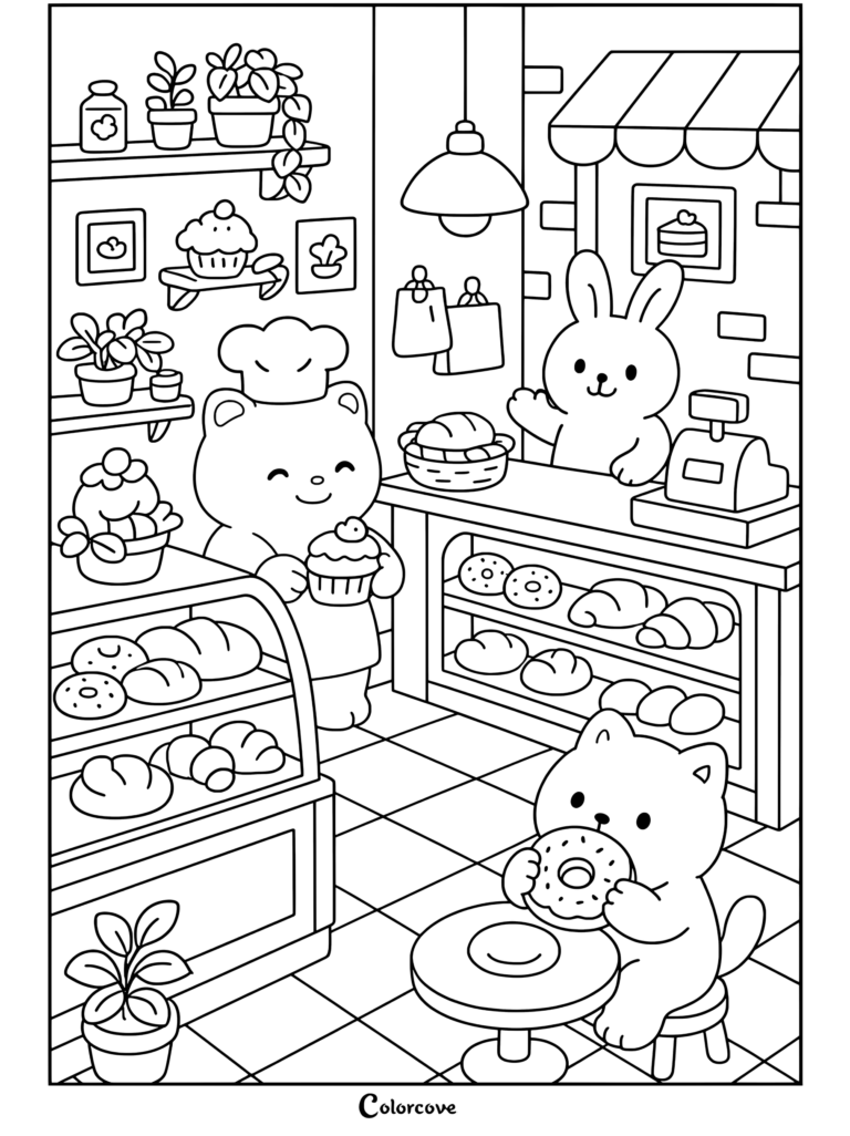 Scène de boulangerie douillette mettant en scène un ours rose boulanger tenant un petit gâteau, un lapin blanc commis au comptoir et un chat calico mangeant un donut dans un coloriage sur le thème du Café Cosy.