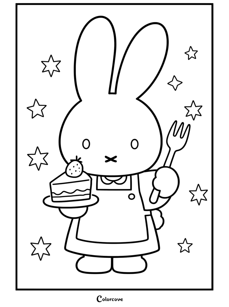 Coloriage à imprimer de Miffy le lapin blanc portant un tablier, tenant une assiette avec un gâteau aux fraises et une fourchette dans un décor de Café Cosy entouré d'étoiles.