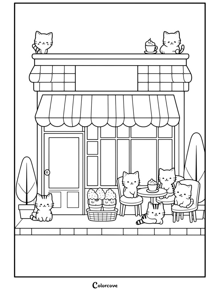 Coloriage d'un cat café rose et cosy avec de mignons chatons assis sur le toit et les tables en train de boire du café.