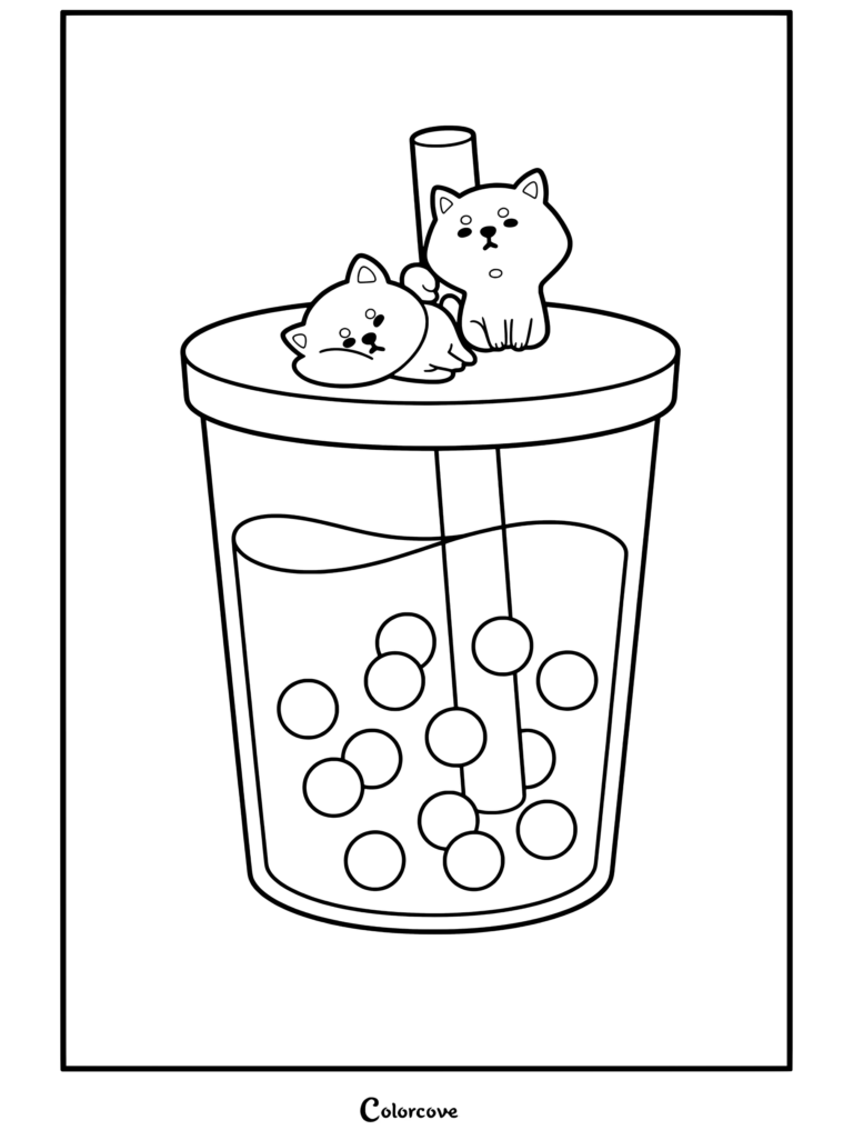 Un coloriage à imprimer de Café Cosy représentant deux mignons chiens Shiba Inu se détendant sur le dessus d'une tasse de Bubble Tea.