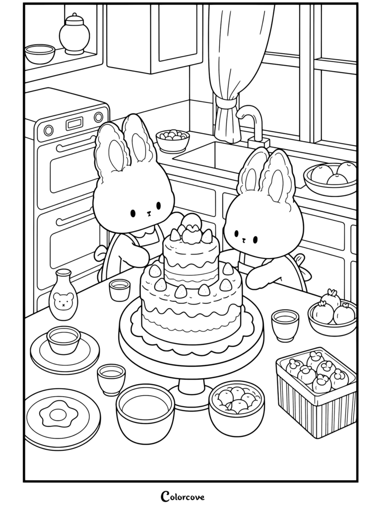 Coloriage à imprimer de deux lapins blancs cuisinant et décorant un gâteau aux fraises à deux étages dans une cuisine douillette, faisant partie de notre collection Café Cosy.