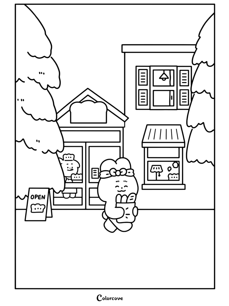 Personnage de lapin blanc tenant une baguette de pain marchant à l'extérieur d'une boulangerie douillette avec une enseigne ouverte et des arbres, page de coloriage pour un thème Café Cosy