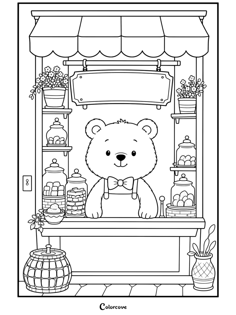 Coloriage Café Cosy représentant un charmant ours en peluche brun portant un nœud papillon rouge et un tablier, travaillant au comptoir d'une chocolaterie entouré de bocaux de bonbons et de plantes