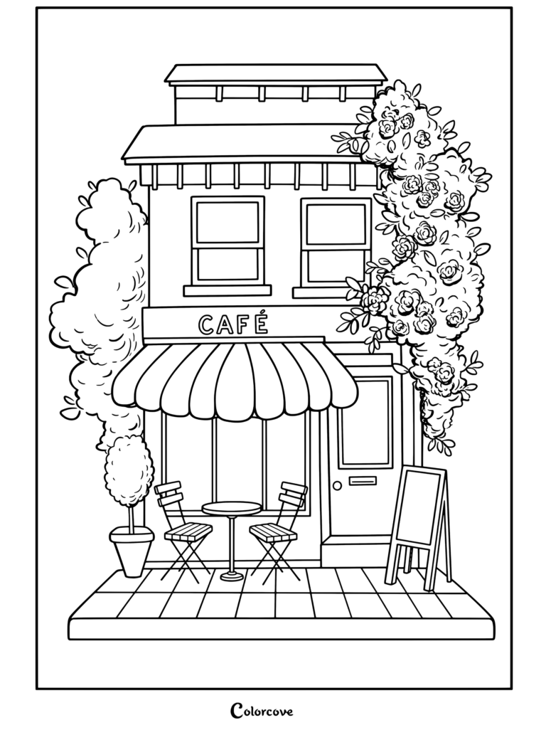 Coloriage Café Cosy représentant un café douillet brun à deux étages avec un auvent bleu, une table et des chaises en terrasse, et des lianes de fleurs roses.