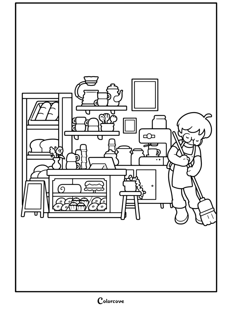 Coloriage Café Cosy représentant un personnage aux cheveux verts et au tablier rose balayant le sol avec un balai à côté d'un comptoir de boulangerie et d'une machine à café.