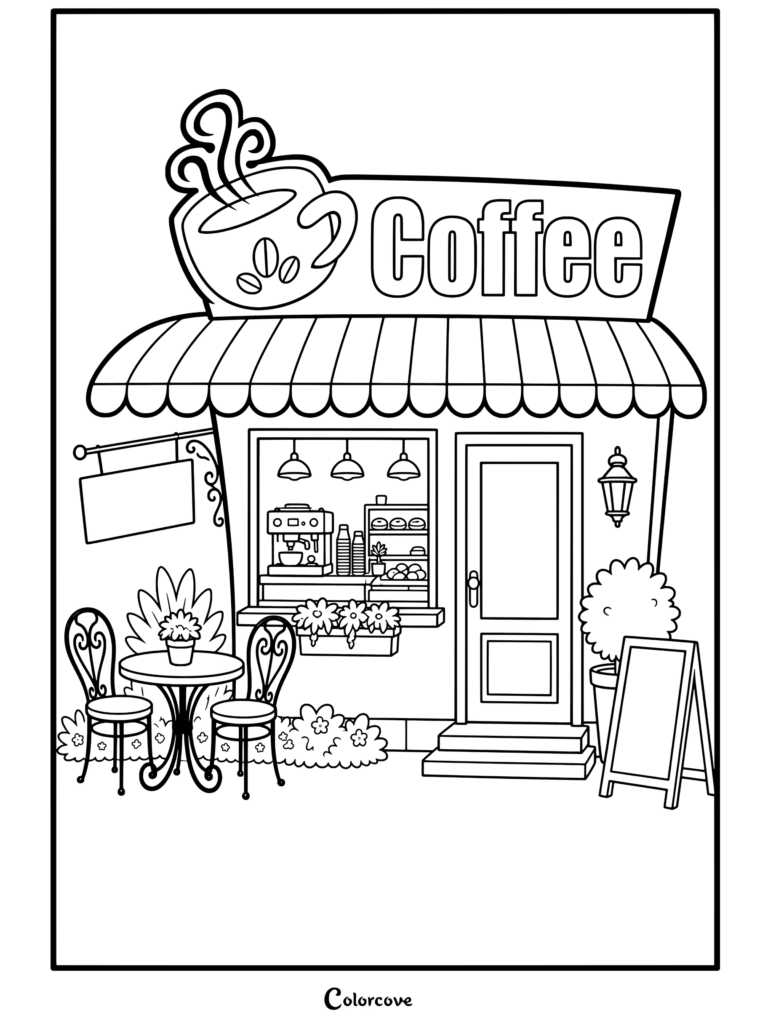 Un coloriage de café douillet présentant une façade avec un auvent rayé, une grande enseigne de tasse de café, des sièges en terrasse, un panneau d'affichage et une vue de l'intérieur par la fenêtre.