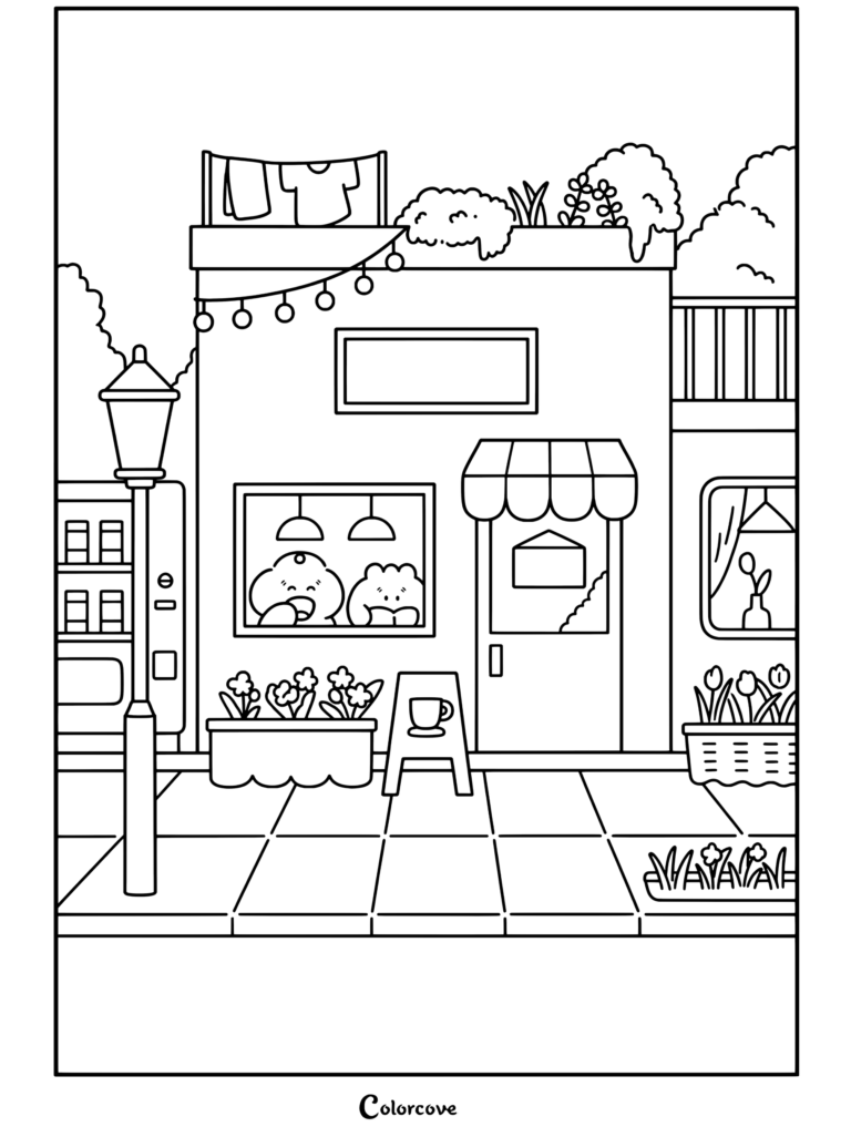 Un coloriage à imprimer de Café Cosy représentant la façade d'un café douillet avec un nuage blanc et un ours brun qui regardent par la fenêtre sous des guirlandes lumineuses.