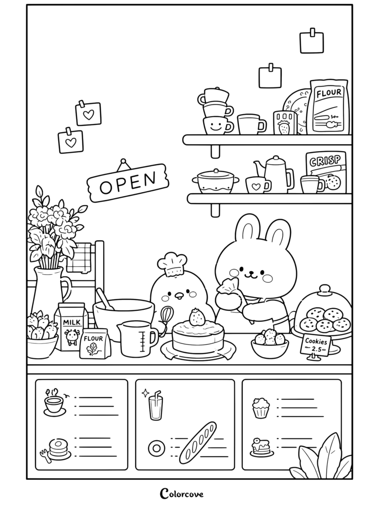 Coloriage Café Cosy représentant une scène de café douillette avec un mignon lapin blanc boulanger et un poussin jaune préparant des douceurs