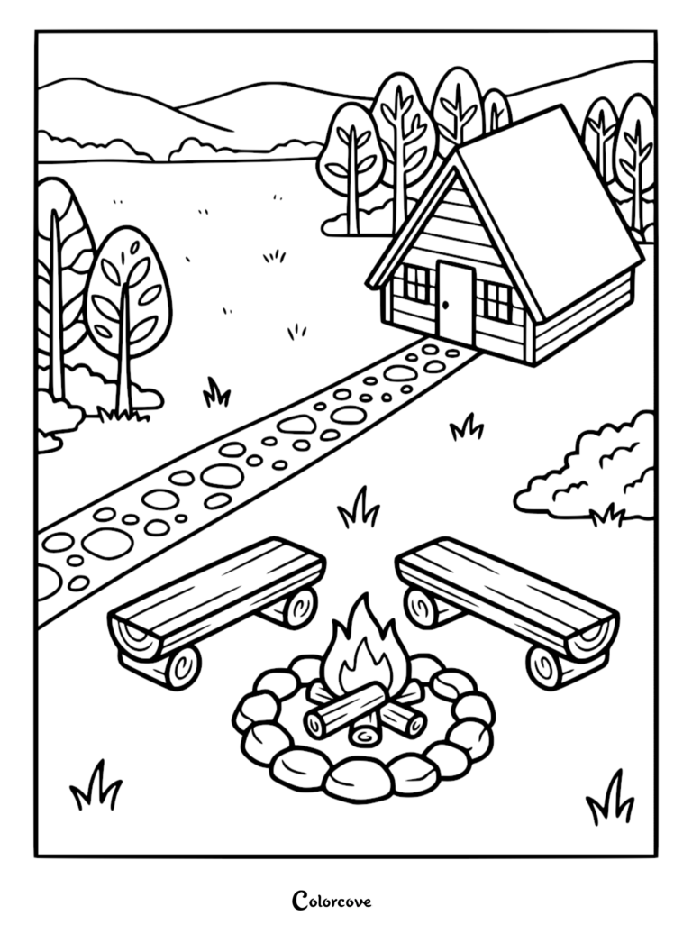Cozy Cottage coloring page featuring a cabin with a stone path, campfire, and wooden benches.