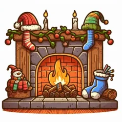 Cozy Christmas coloring page with fireplace, stockings, and festive decorations. Perfect for holiday coloring fun.