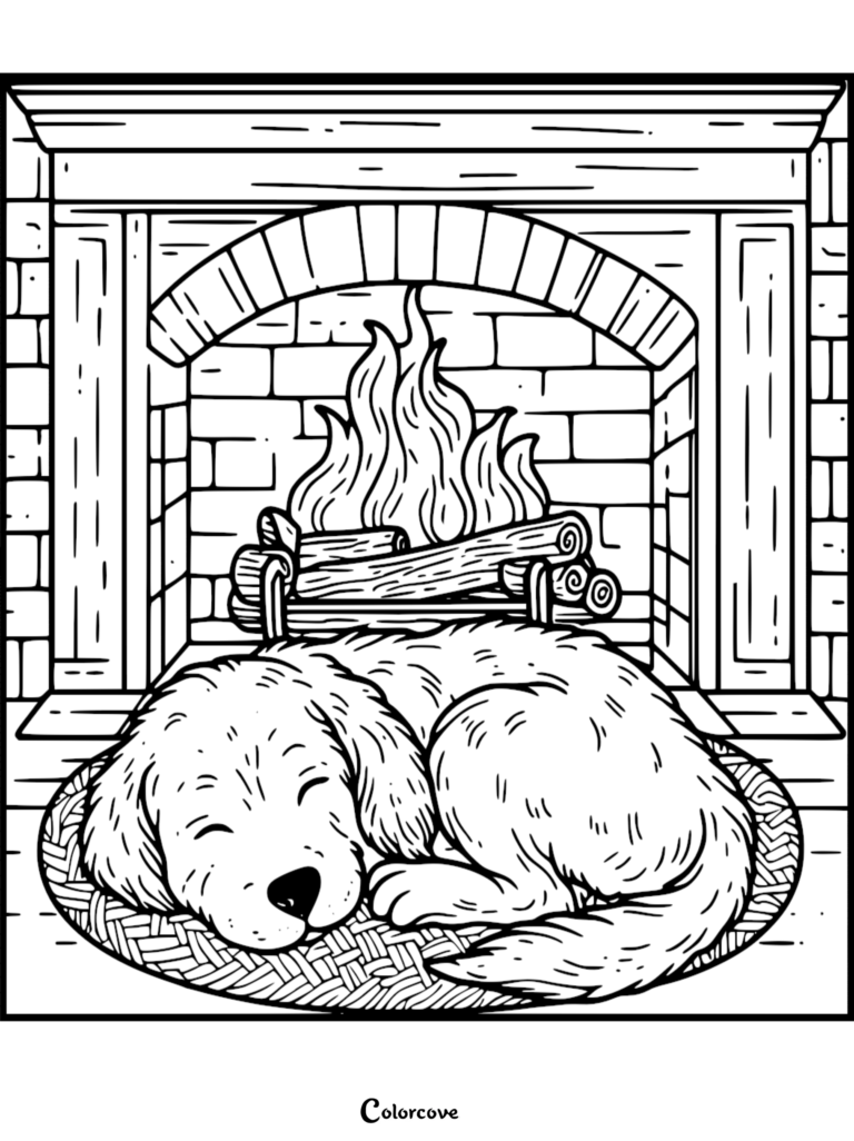 A sweet puppy sleeping curled up on a woven rug in front of a brick fireplace, line art coloring page for kids.