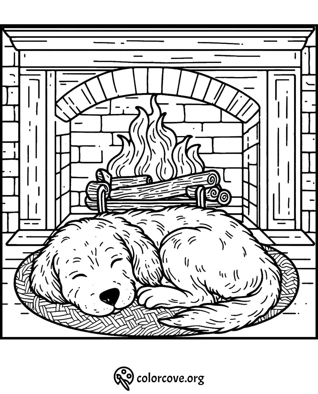 Cozy dog sleeping by the fireplace, coloring page for relaxation and creativity.